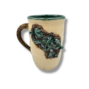 Studio Pottery Geode Mug Large Green Cream Crystalline Textured Art Coffee Cup